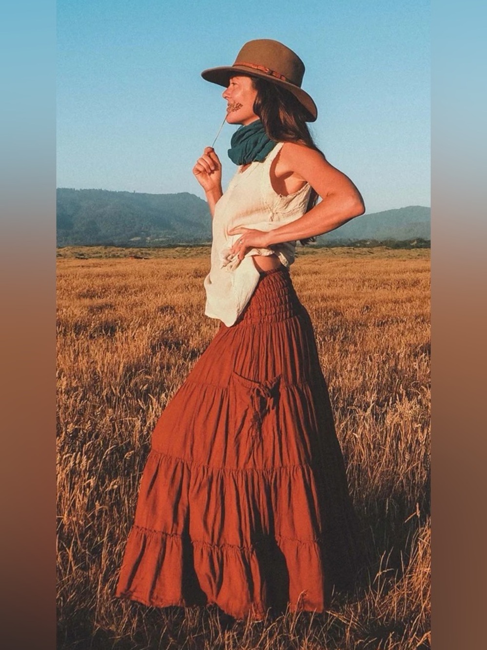 Cotton Flower Bohemian Tiered Pocket Skirt in Rust